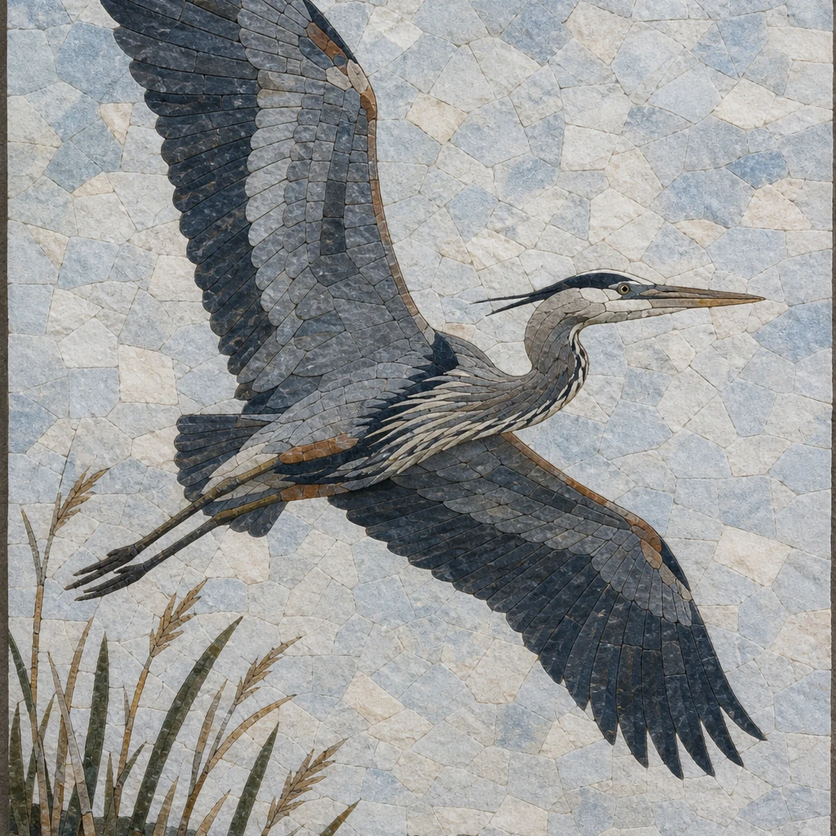 Great Blue Heron in Flight Pose - Vertical Bird Marble Mosaic Wall Art - Mesh Backing